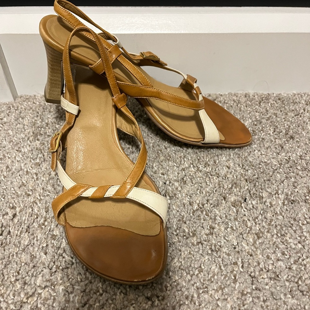 Tan and Cream High-Heeled Sandals with Straps